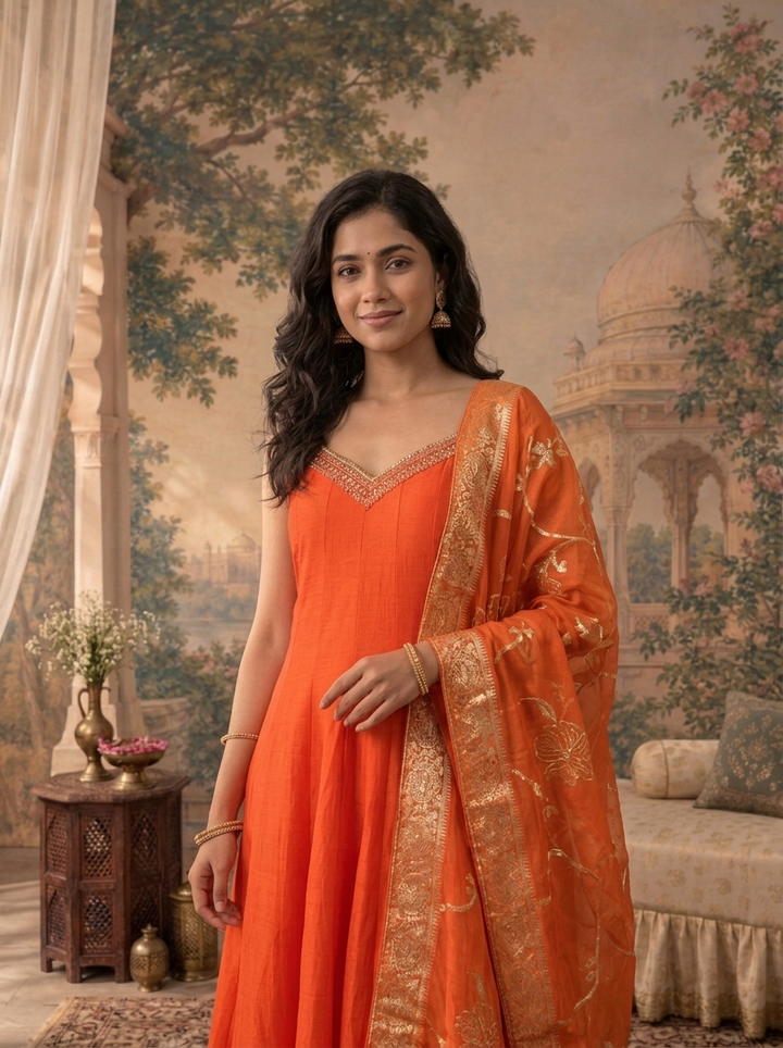 Rust Silk Solid With Zari Floral Weaved Three Piece Set
