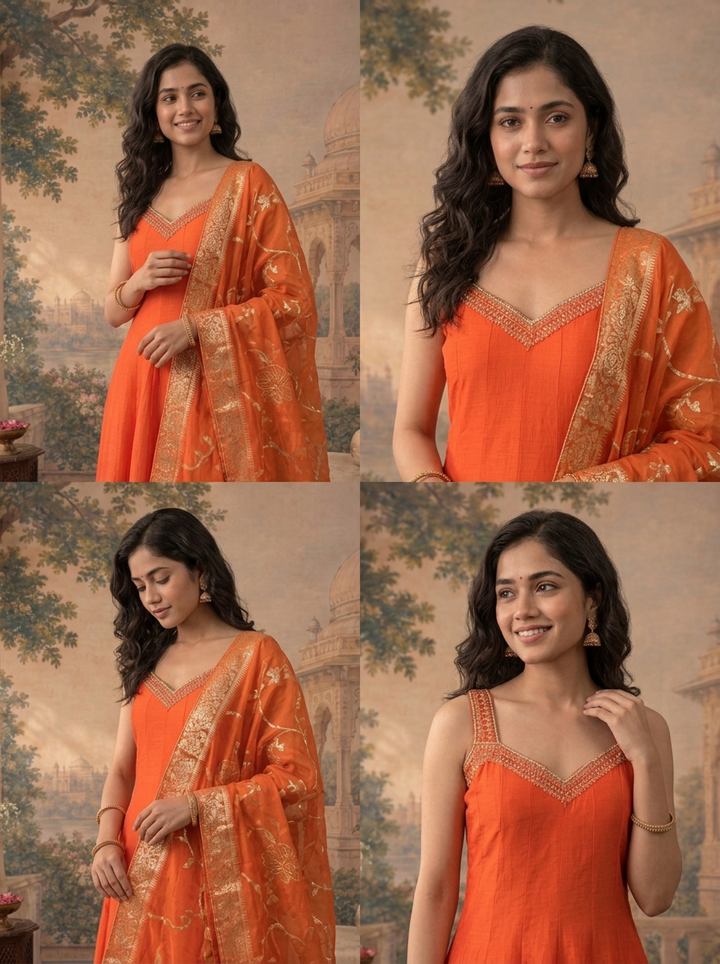 Rust Silk Solid With Zari Floral Weaved Three Piece Set