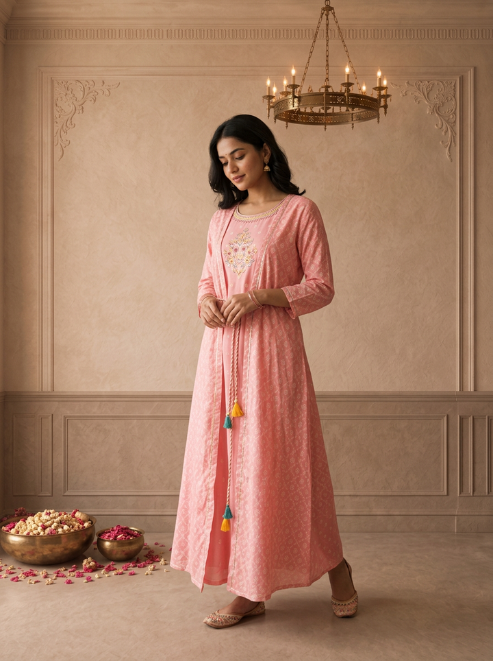 Pink Cotton Diamond Floral Buti Printed Long Dress
