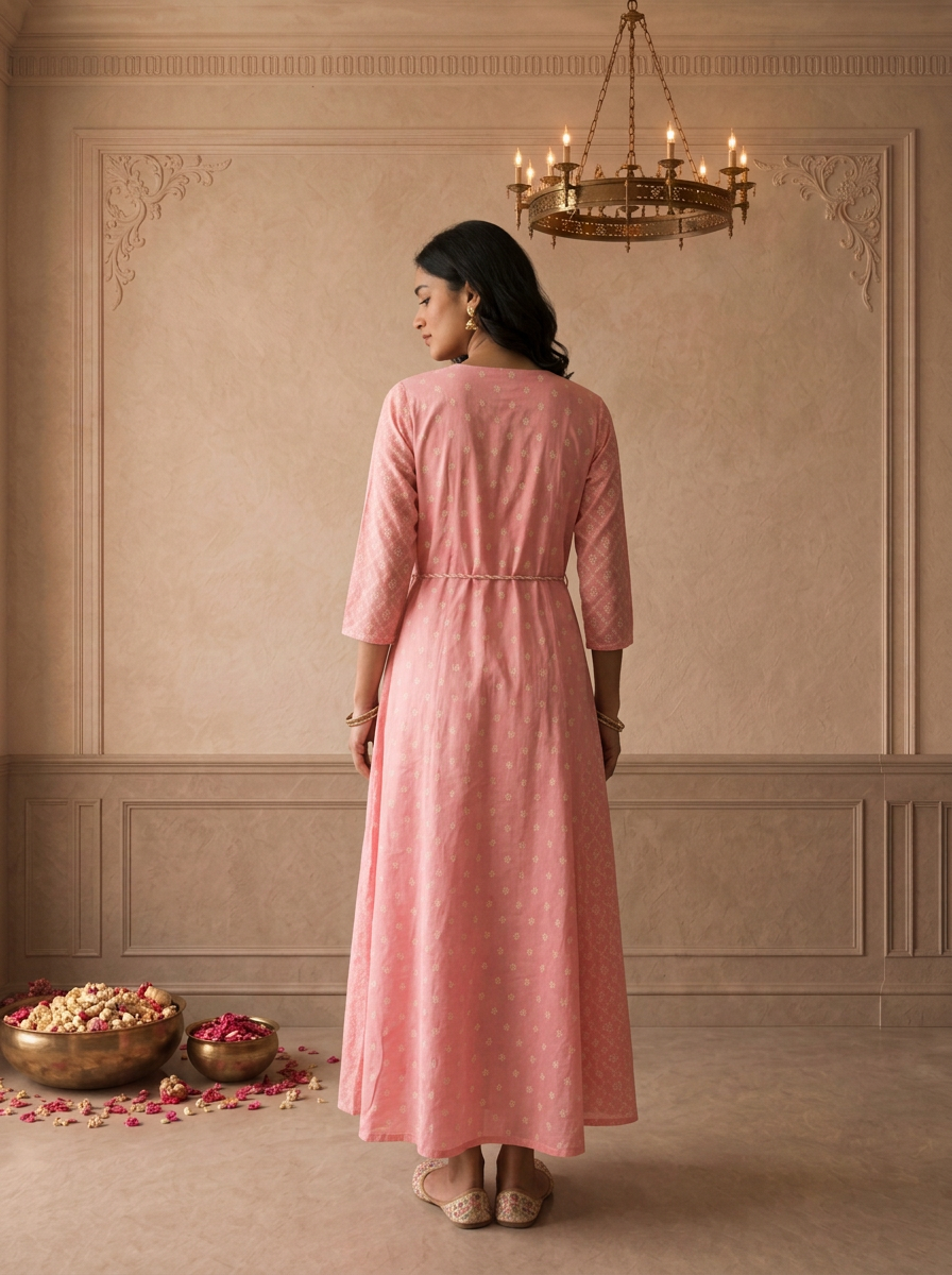 Pink Cotton Diamond Floral Buti Printed Long Dress