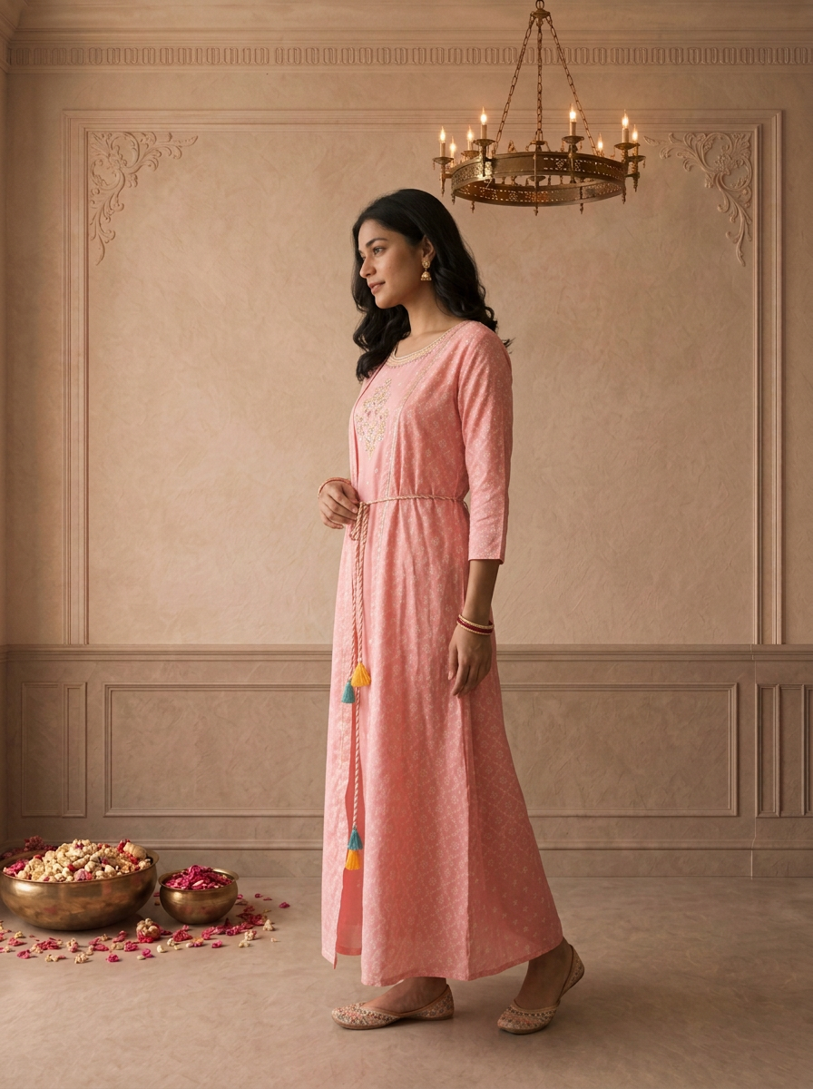 Pink Cotton Diamond Floral Buti Printed Long Dress