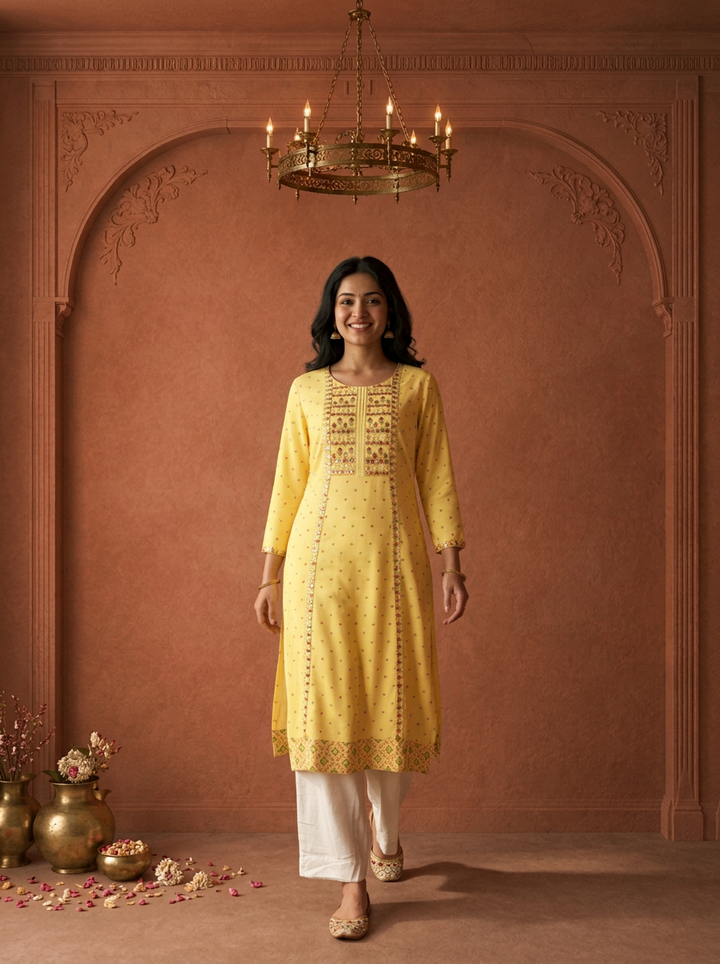 Yellow Rayon Bandhani Butta Printed Kurta