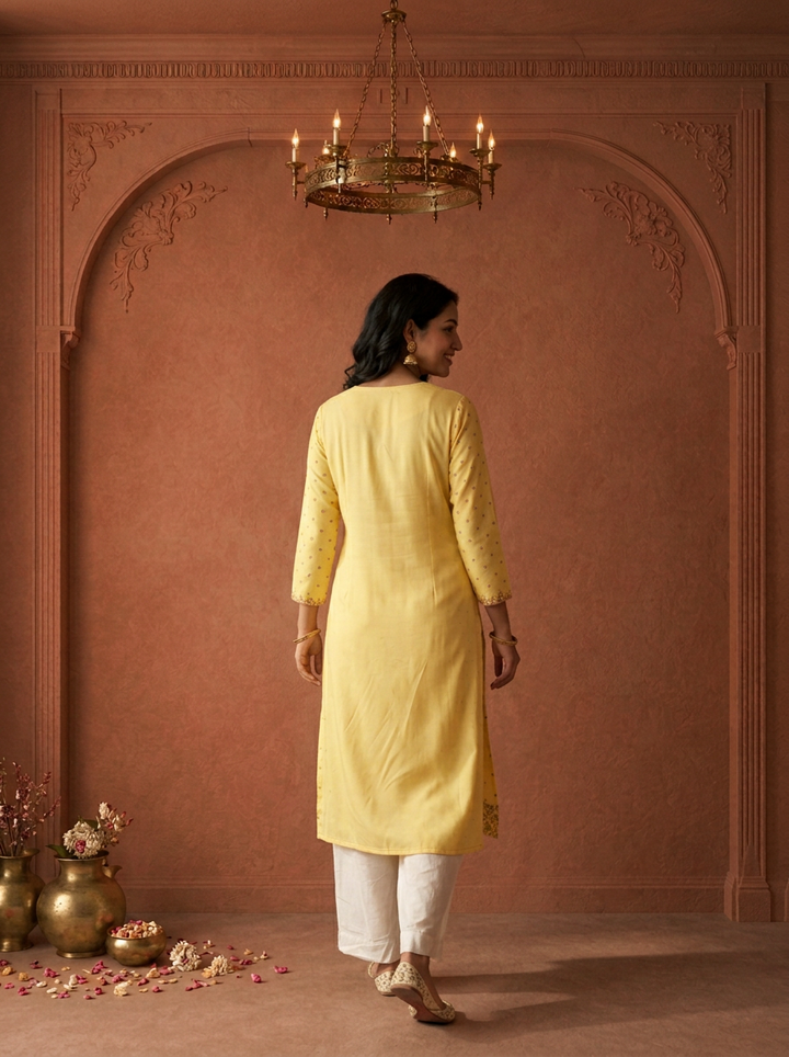 Yellow Rayon Bandhani Butta Printed Kurta