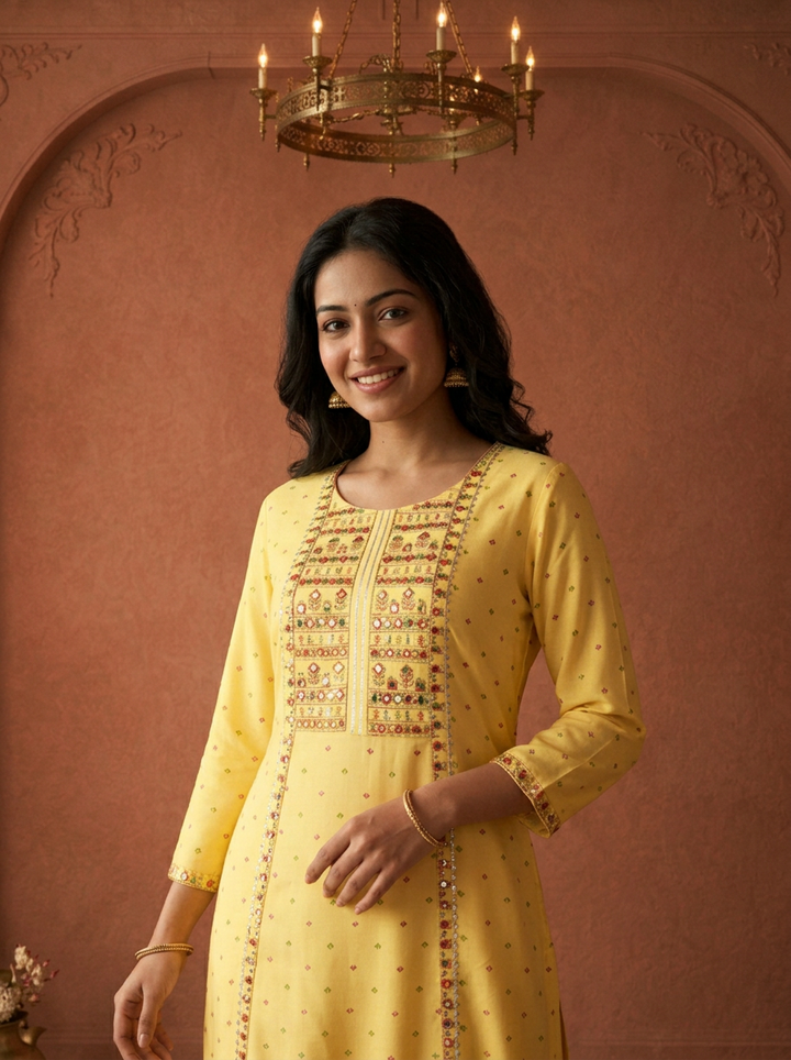 Yellow Rayon Bandhani Butta Printed Kurta