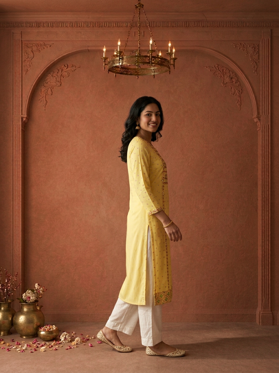 Yellow Rayon Bandhani Butta Printed Kurta