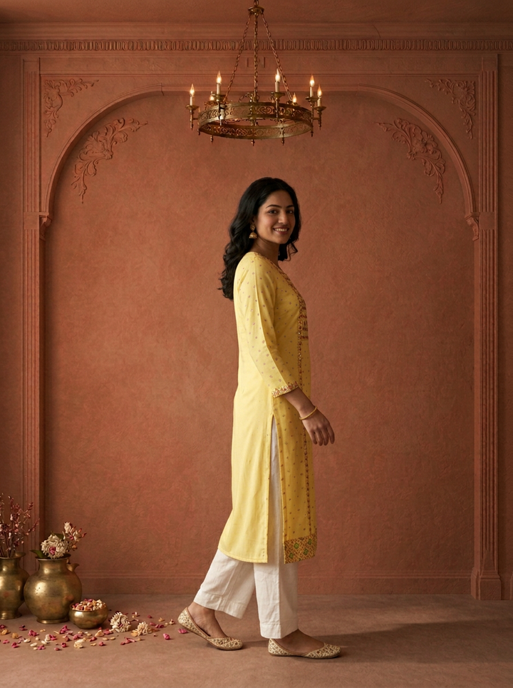 Yellow Rayon Bandhani Butta Printed Kurta