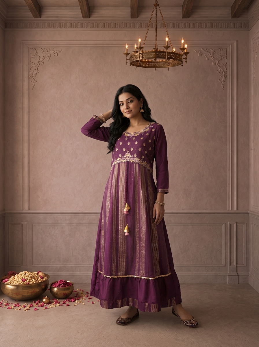 Wine Muslin Zari Striped Embroidered Long Dress