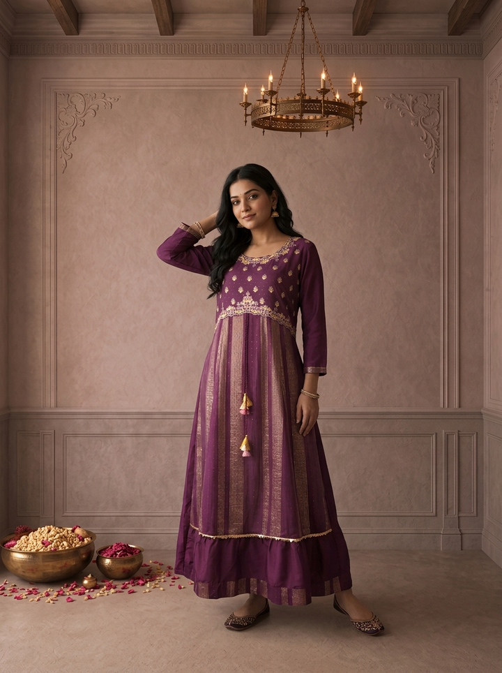 Wine Muslin Zari Striped Embroidered Long Dress