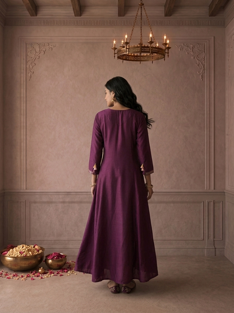 Wine Muslin Zari Striped Embroidered Long Dress