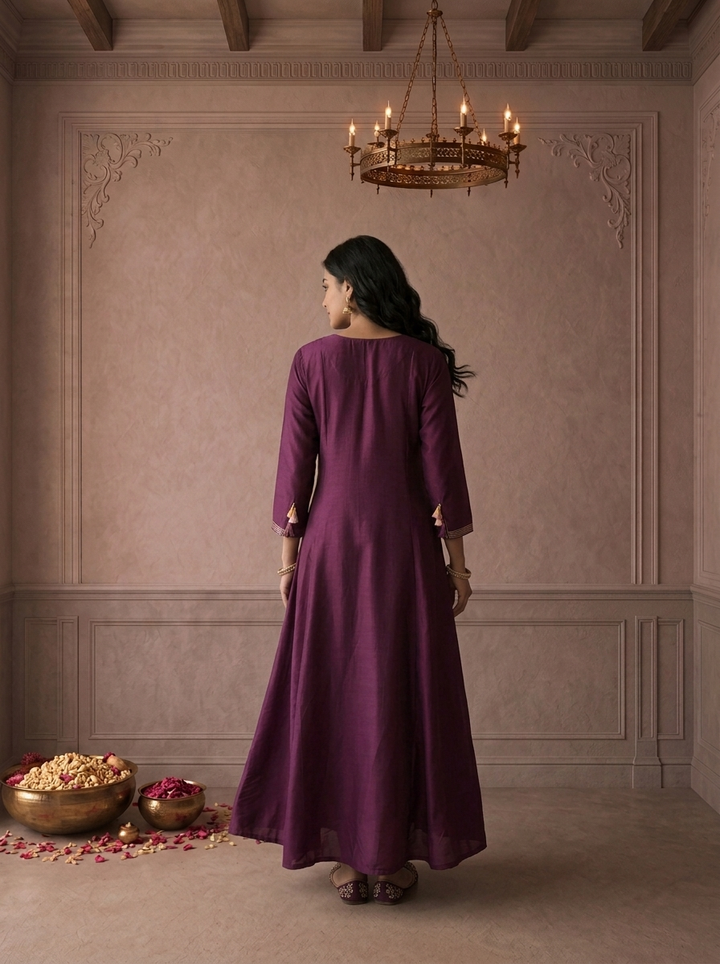 Wine Muslin Zari Striped Embroidered Long Dress