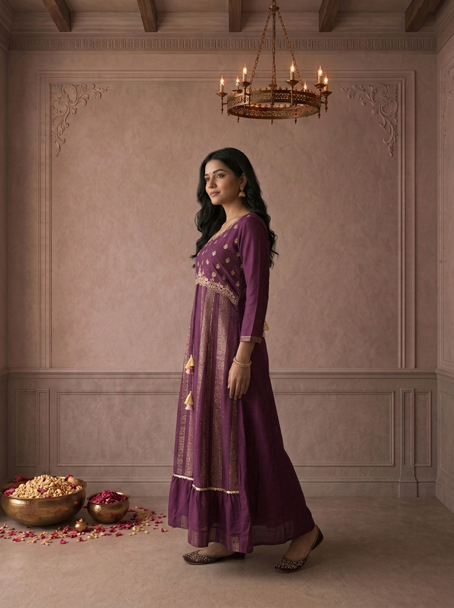 Wine Muslin Zari Striped Embroidered Long Dress