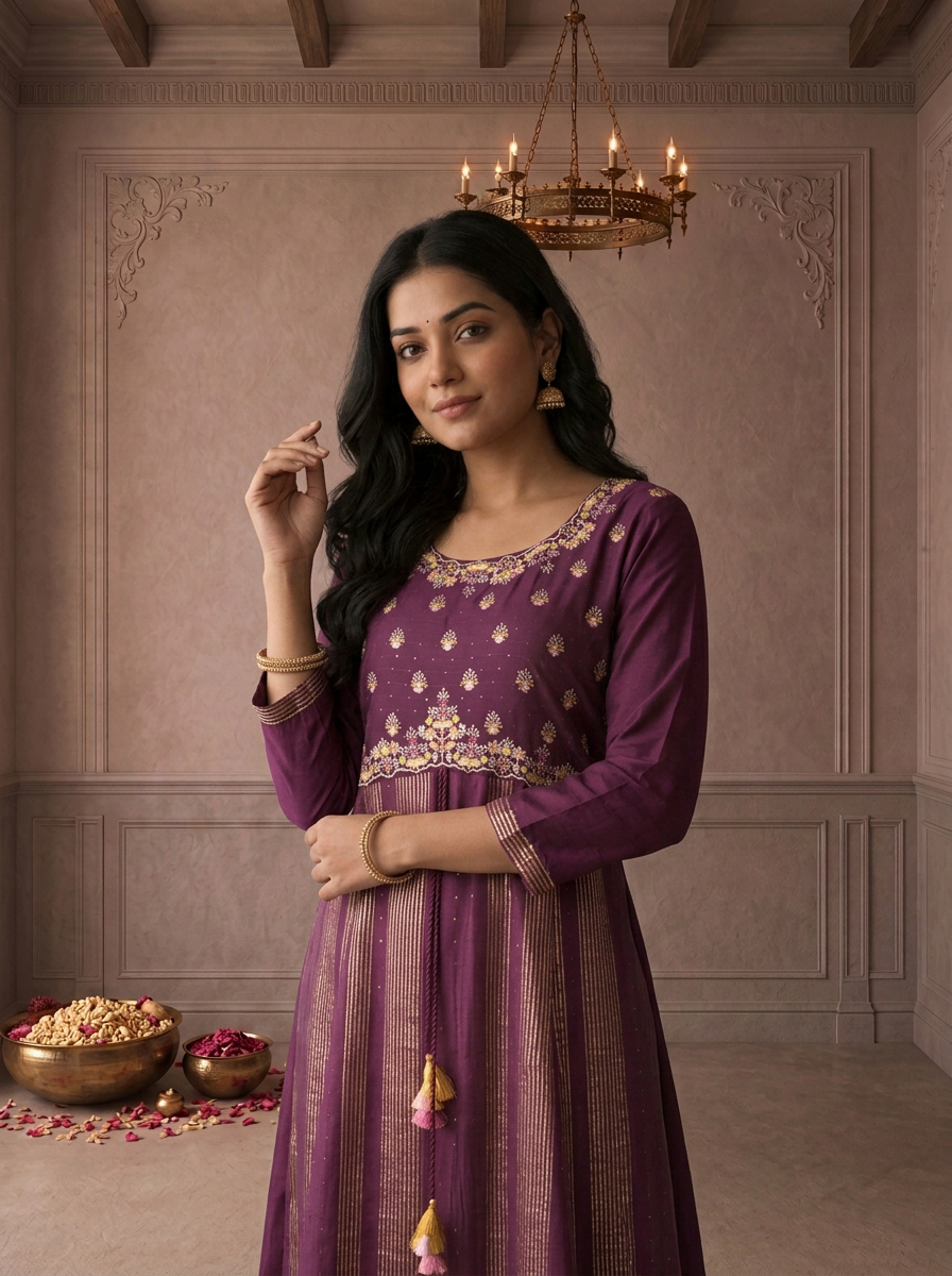 Wine Muslin Zari Striped Embroidered Long Dress