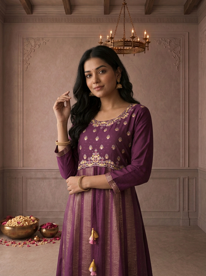 Wine Muslin Zari Striped Embroidered Long Dress