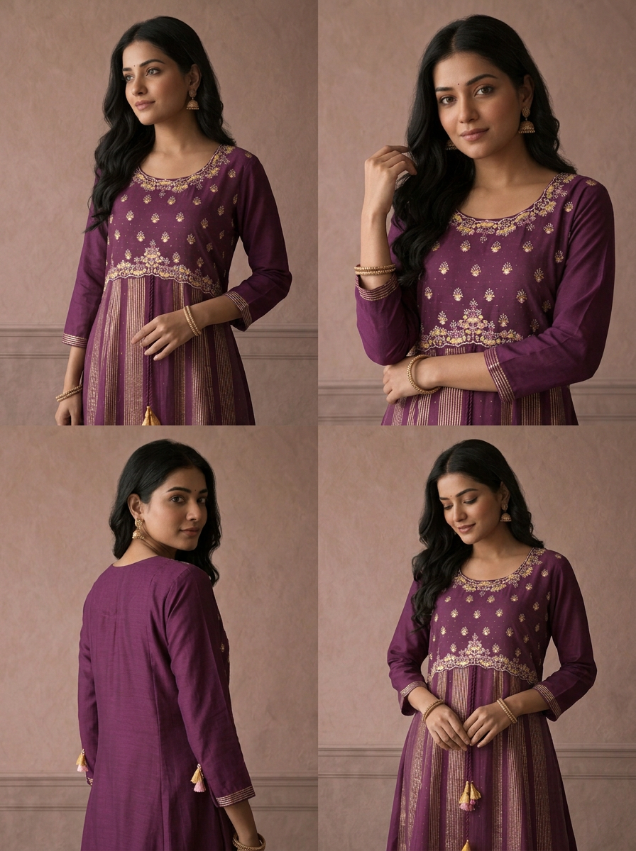 Wine Muslin Zari Striped Embroidered Long Dress