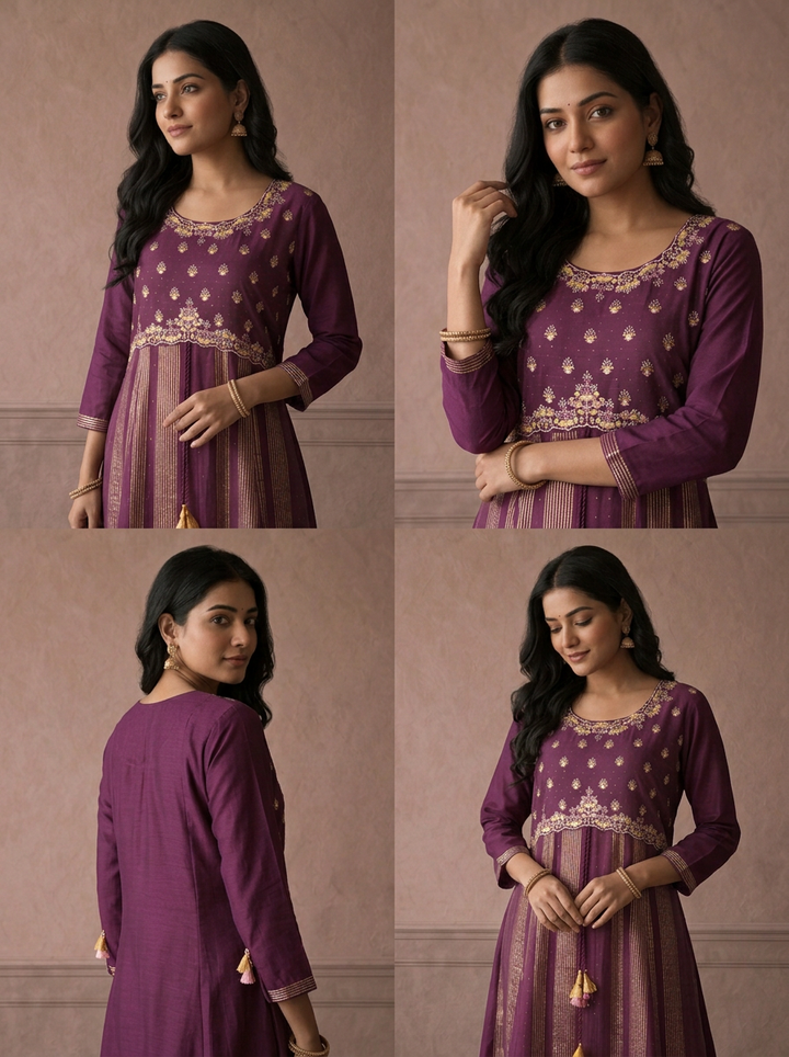 Wine Muslin Zari Striped Embroidered Long Dress