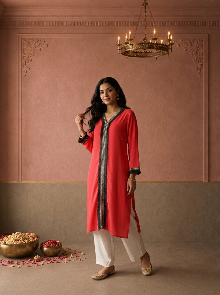 Tomato Muslin Solid With Fringe Lace Embroidered Kurta