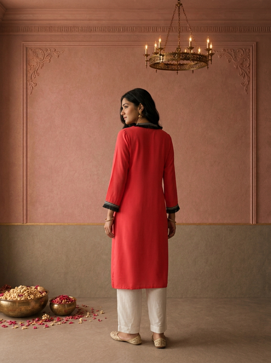 Tomato Muslin Solid With Fringe Lace Embroidered Kurta