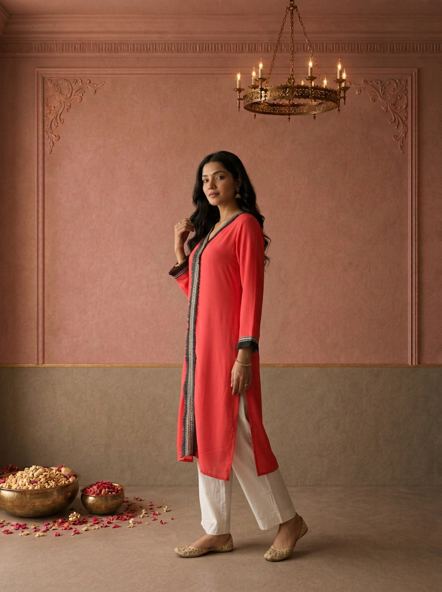 Tomato Muslin Solid With Fringe Lace Embroidered Kurta