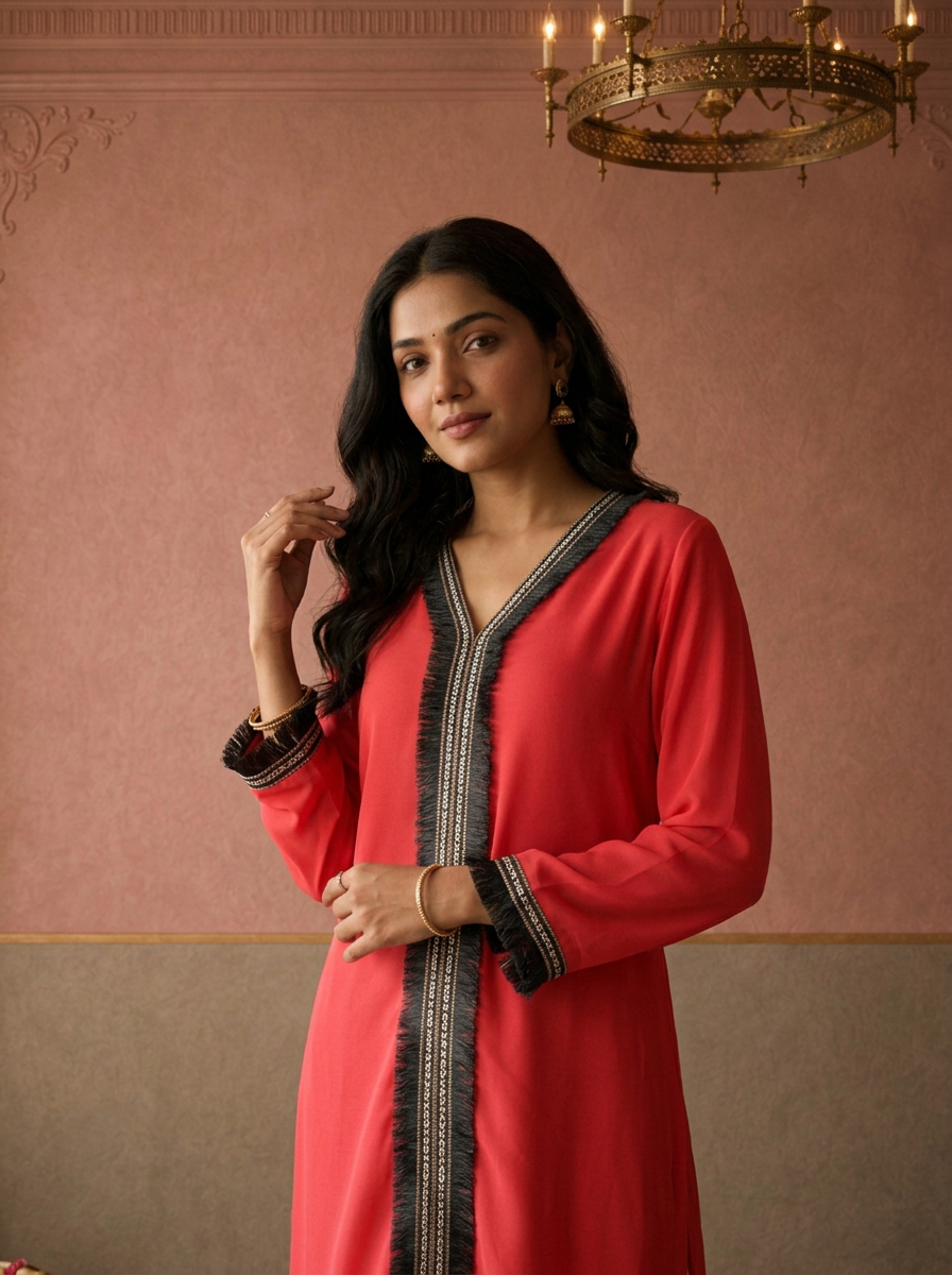 Tomato Muslin Solid With Fringe Lace Embroidered Kurta