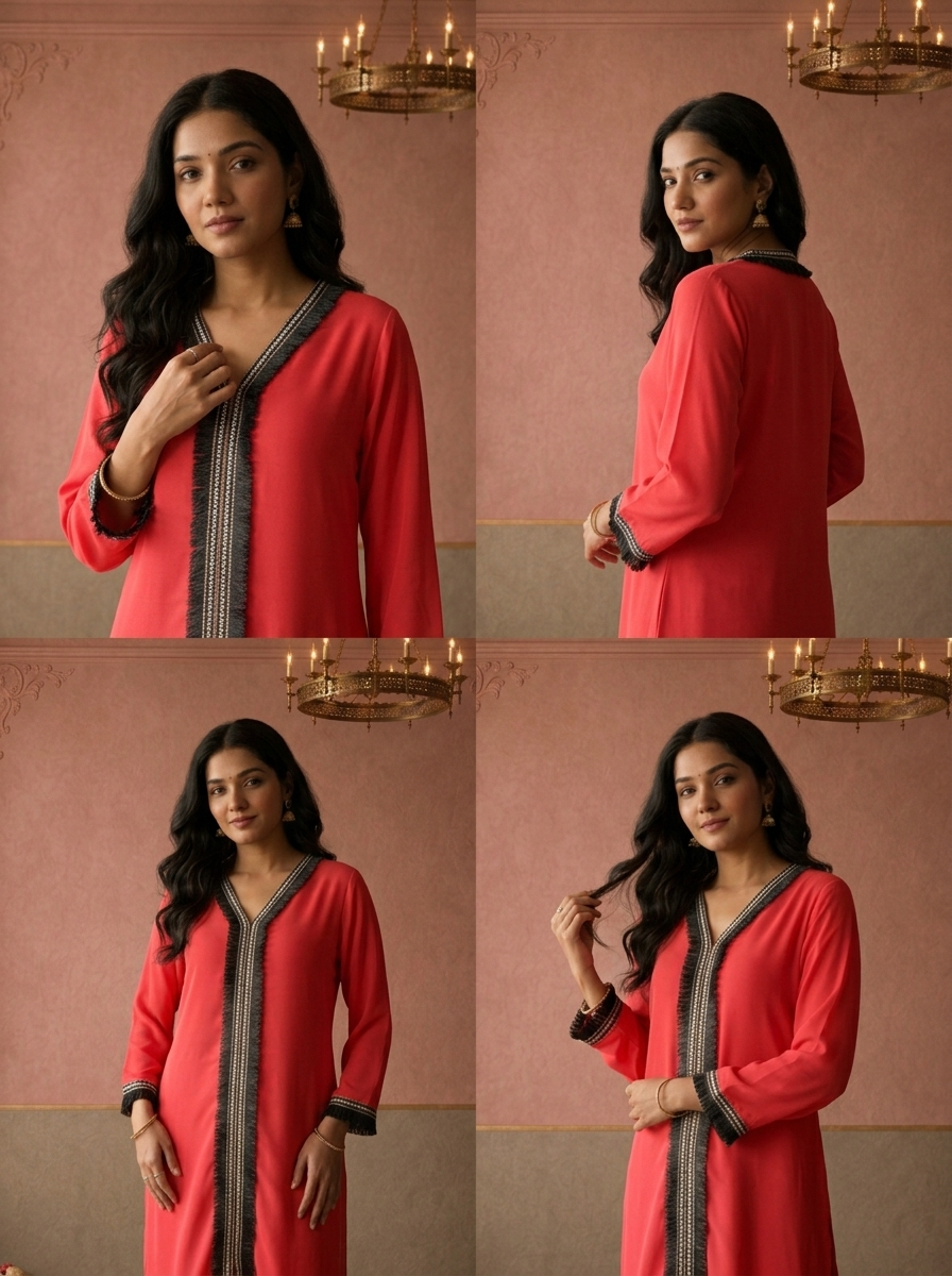 Tomato Muslin Solid With Fringe Lace Embroidered Kurta