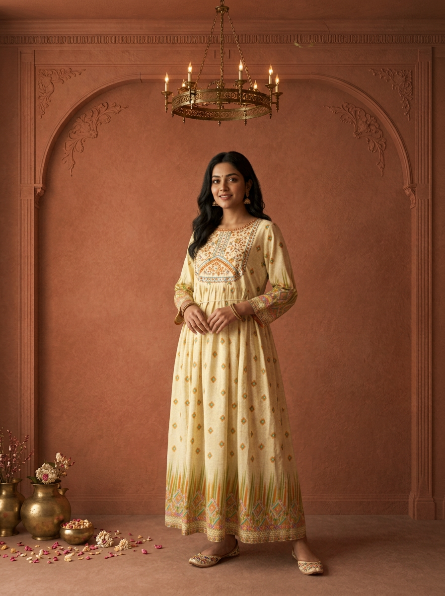 Beige Modal Ikkat Geometric Printed Long Dress