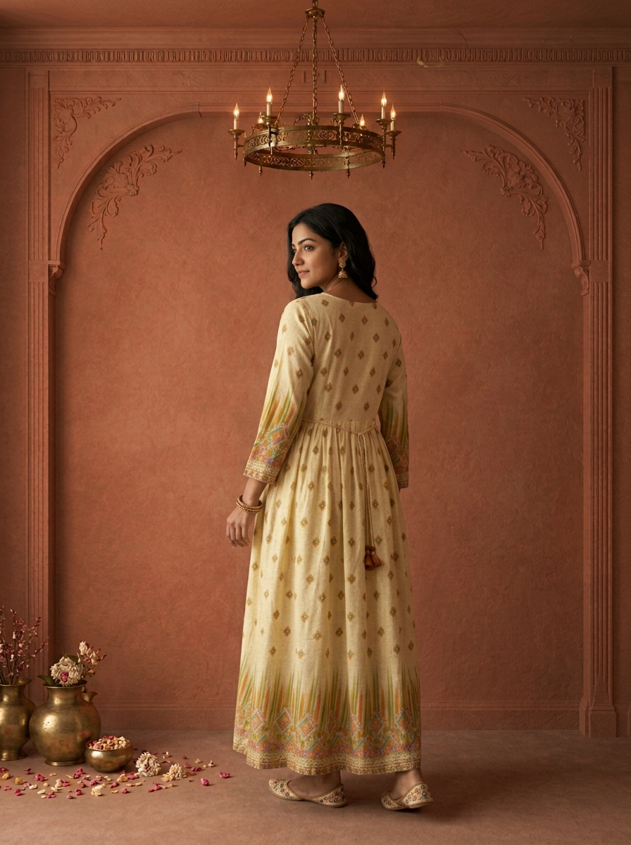Beige Modal Ikkat Geometric Printed Long Dress