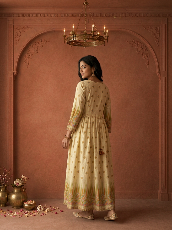 Beige Modal Ikkat Geometric Printed Long Dress