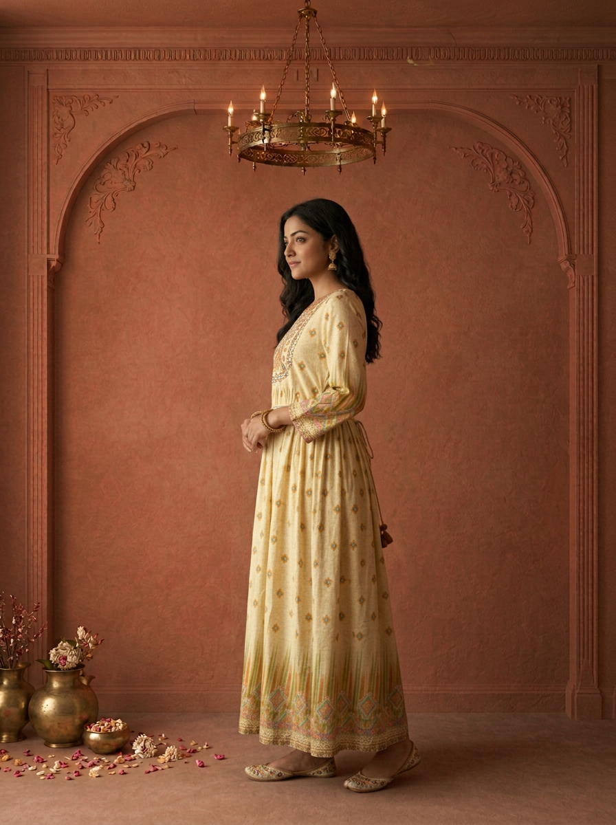 Beige Modal Ikkat Geometric Printed Long Dress