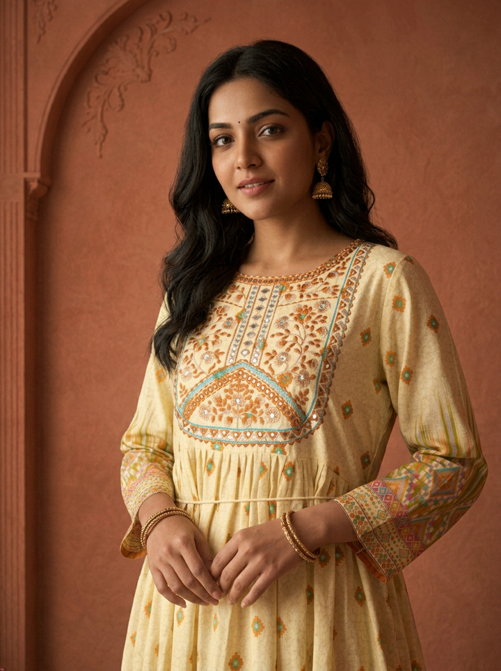 Beige Modal Ikkat Geometric Printed Long Dress