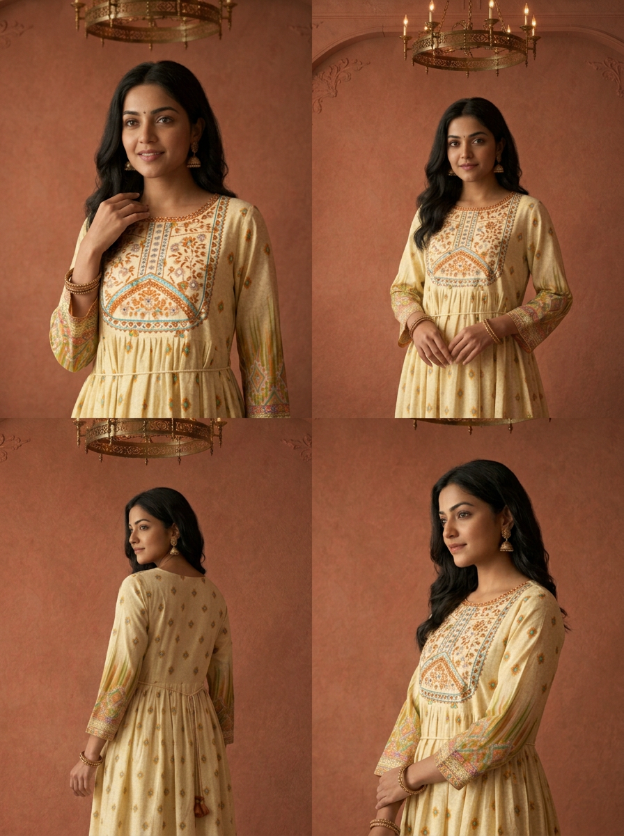 Beige Modal Ikkat Geometric Printed Long Dress