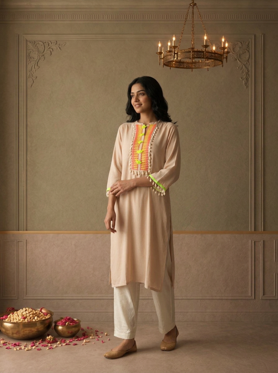 Beige Rayon Solid With Cowrie Shell Tassels Embroidered Kurta