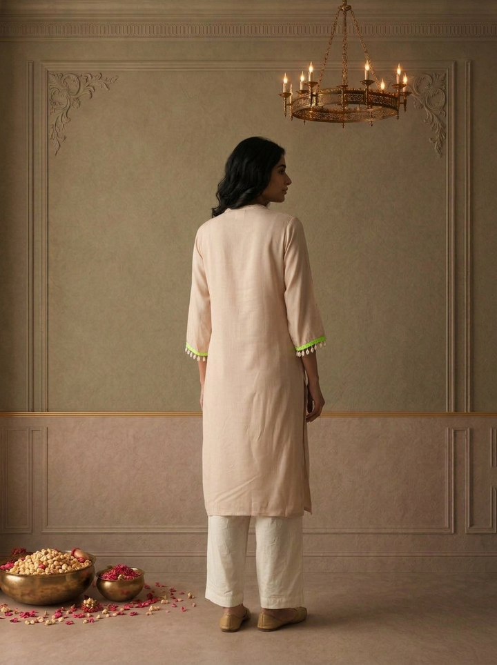 Beige Rayon Solid With Cowrie Shell Tassels Embroidered Kurta