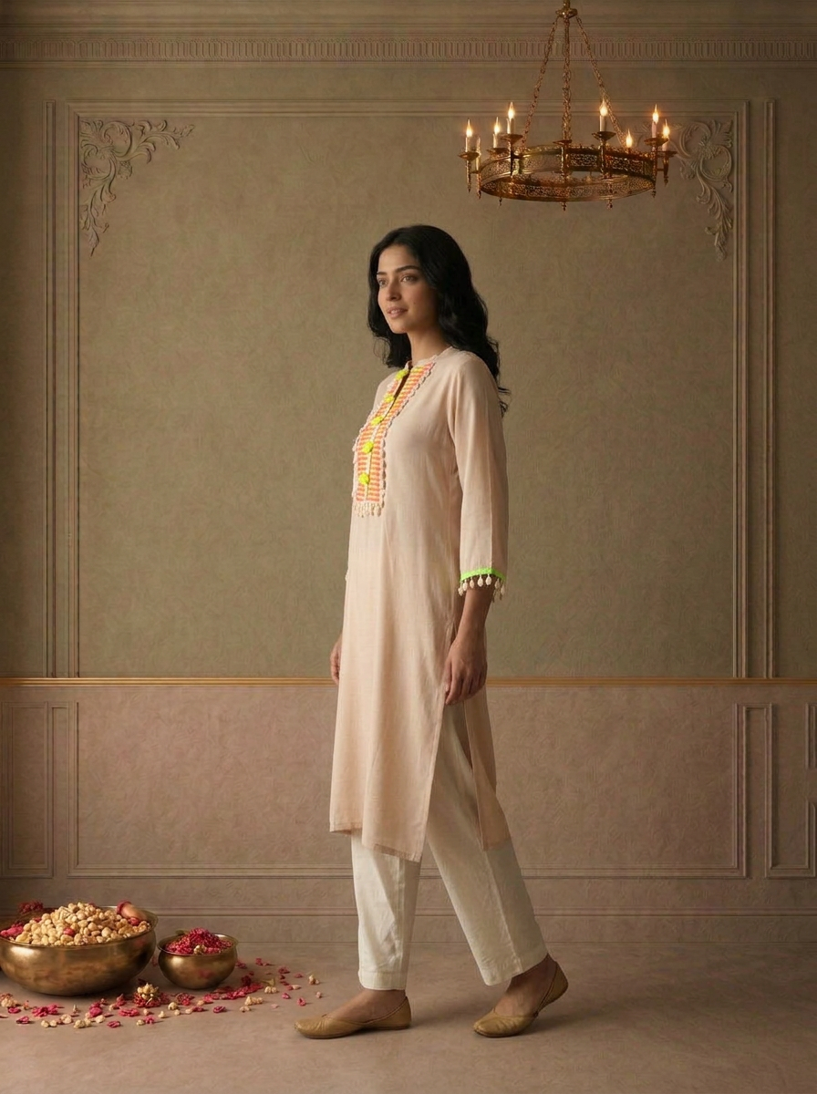 Beige Rayon Solid With Cowrie Shell Tassels Embroidered Kurta