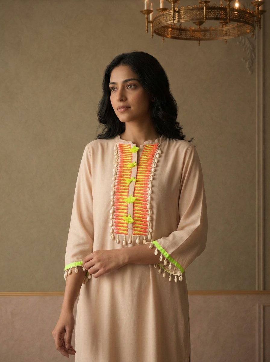 Beige Rayon Solid With Cowrie Shell Tassels Embroidered Kurta