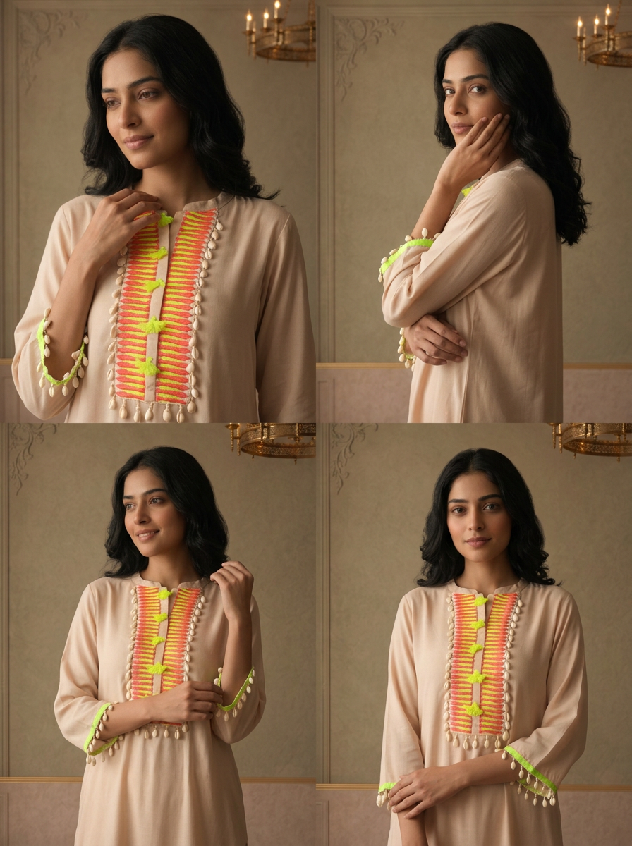 Beige Rayon Solid With Cowrie Shell Tassels Embroidered Kurta