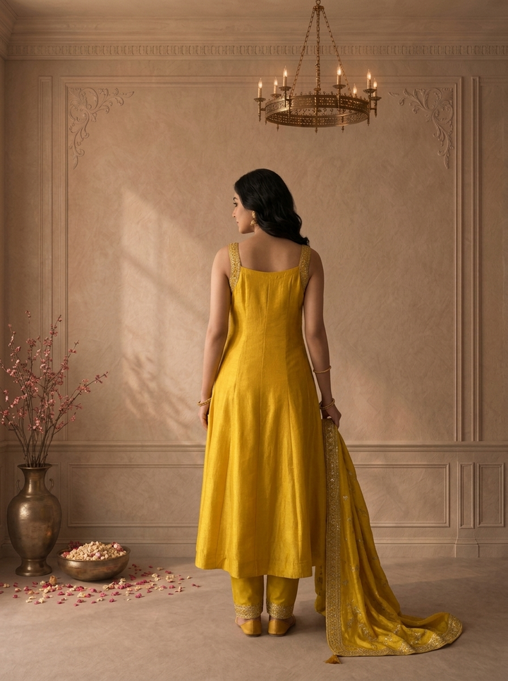 Yellow Silk Zari Paisley Design And Sequins Embroidered Three Piece Set