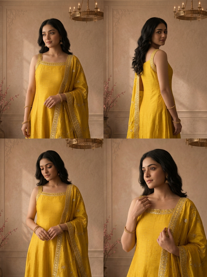 Yellow Silk Zari Paisley Design And Sequins Embroidered Three Piece Set