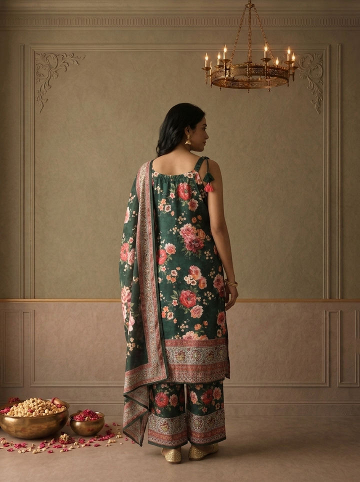 Bottle Green Crepe Floral Digital Printed Three Piece Set