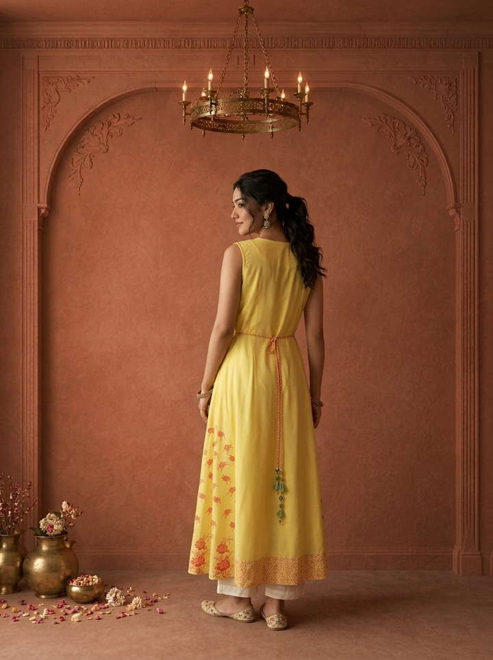 Yellow Rayon Rose Bunch Printed Kurta