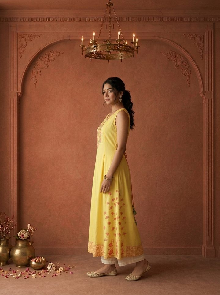 Yellow Rayon Rose Bunch Printed Kurta