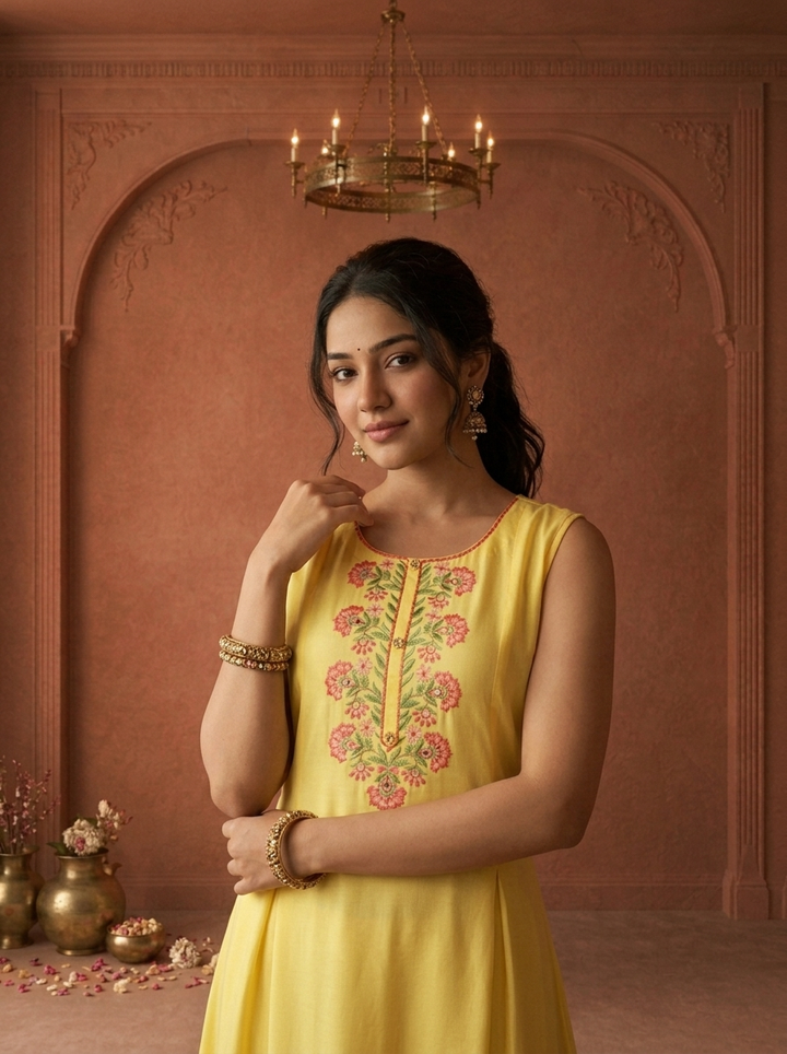 Yellow Rayon Rose Bunch Printed Kurta