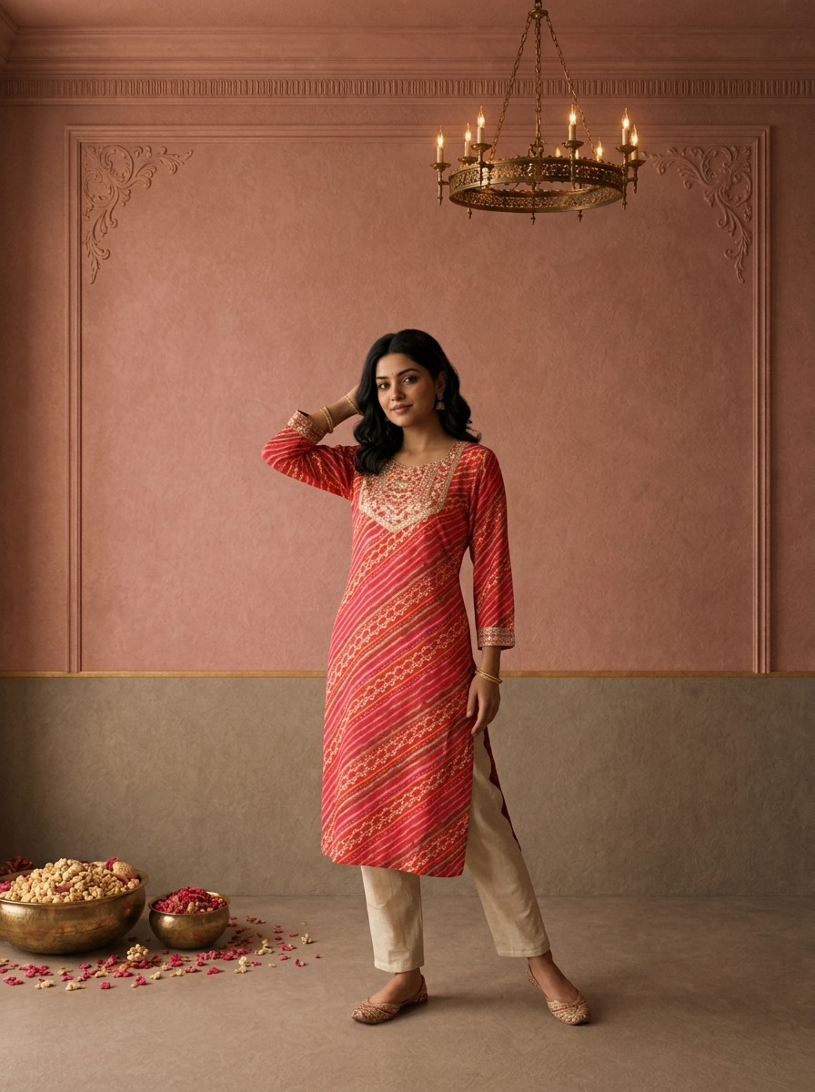 Pink Rayon Diagonal Leheriya Printed Kurta