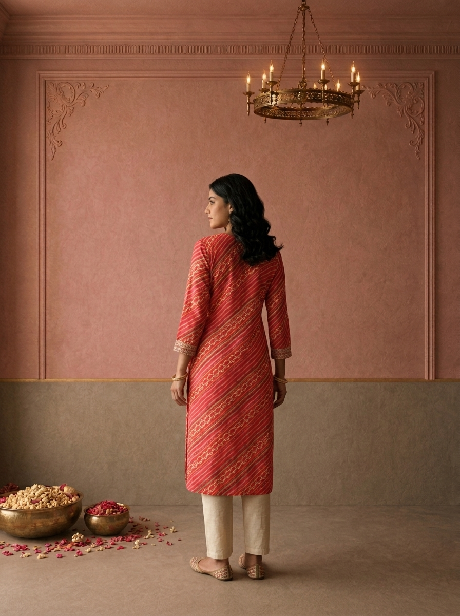 Pink Rayon Diagonal Leheriya Printed Kurta
