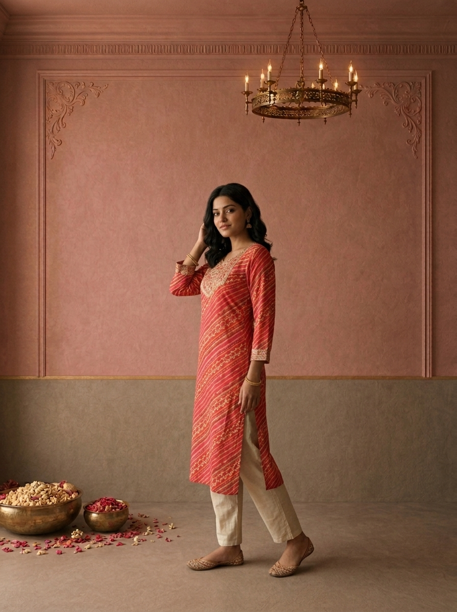 Pink Rayon Diagonal Leheriya Printed Kurta