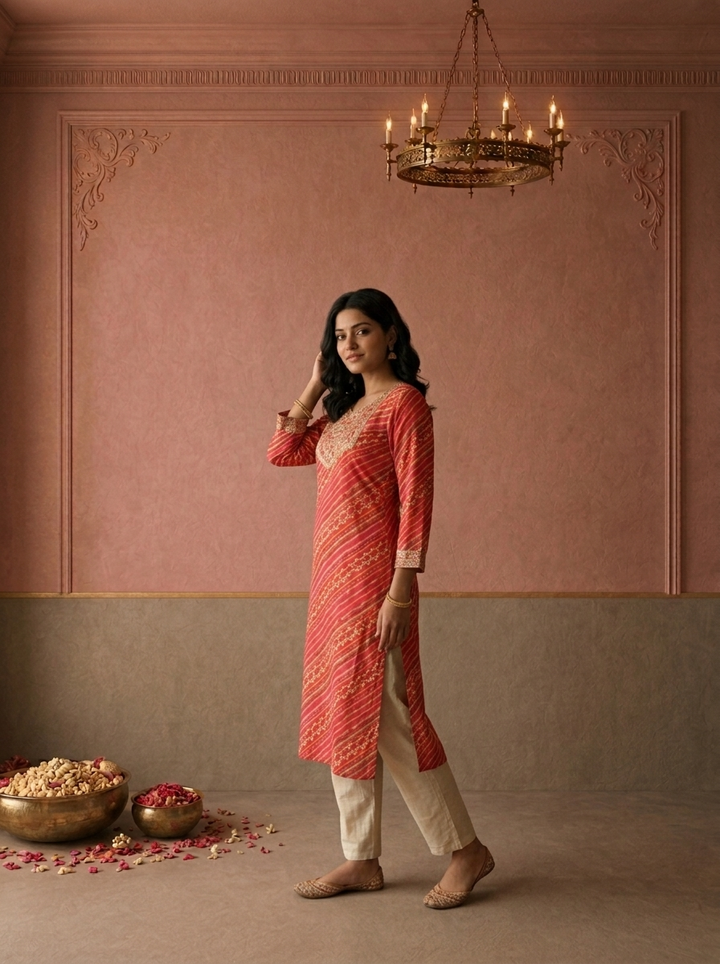 Pink Rayon Diagonal Leheriya Printed Kurta
