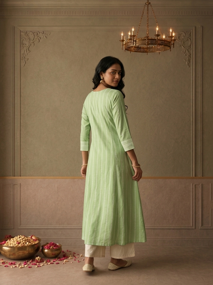 Pista Rayon Geometric Stripe Printed Kurta