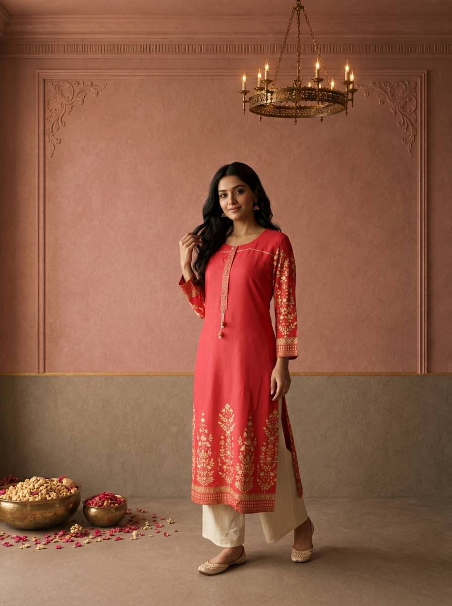 Magenta Rayon Foil Floral Printed Kurta