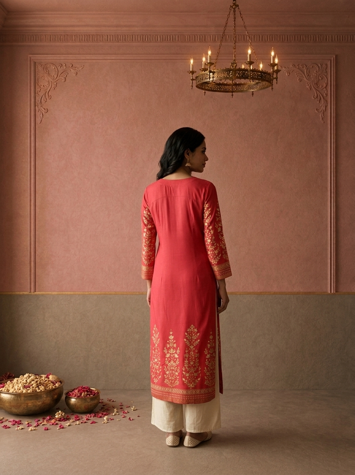 Magenta Rayon Foil Floral Printed Kurta