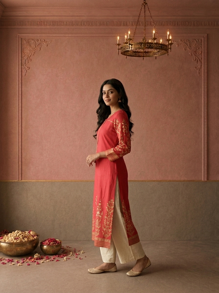 Magenta Rayon Foil Floral Printed Kurta