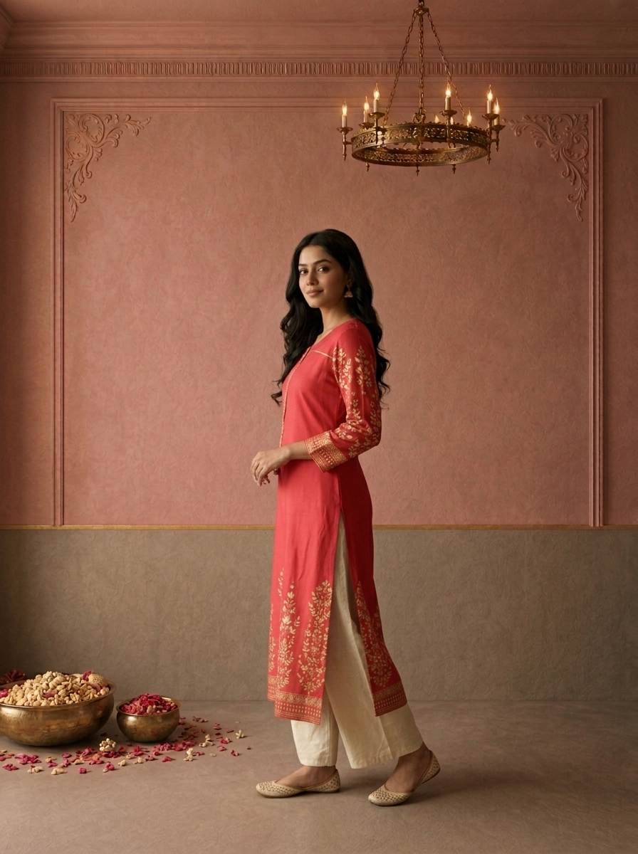 Magenta Rayon Foil Floral Printed Kurta